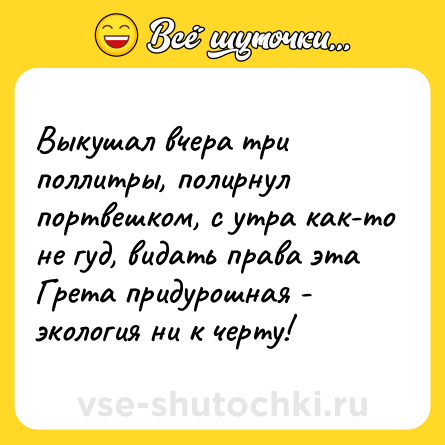 Шутка: Выкушал вчера три поллитры, полирнул портвешком, с утра как-то не гуд, видать права эта Грета придурошная - экология ни к черту!