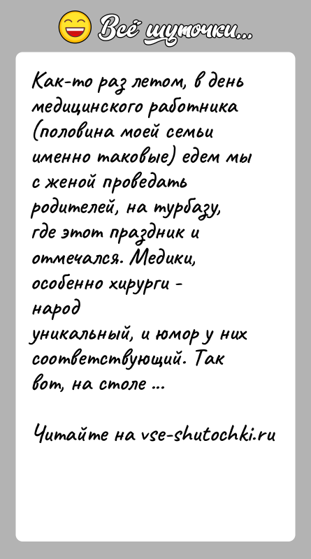 История: Как-то раз летом, в день медицинского работника (половина моей семьиименно таковые) едем мы с женой проведать родителей, на турбазу,где этот