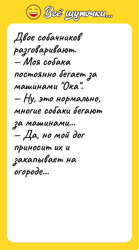 Двое собачников разговаривают. — Моя собака постоянно бегает за машинами