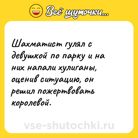 Шутка: Шахматист гулял с девушкой по парку и на них напали хулиганы, оценив ситуацию, он решил пожертвовать королевой.