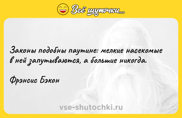 Цитата: Законы подобны паутине: мелкие насекомые в ней запутываются, а большие никогда.Фрэнсис Бэкон