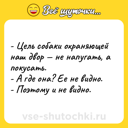 Шутка: - Цель собаки охраняющей наш двор — не напугать, а покусать.<br>- А где она? Ее не видно.<br>- Поэтому и не видно.