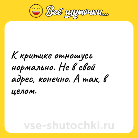 Шутка: К критике отношусь нормально. Не в свой адрес, конечно. А так, в целом.
