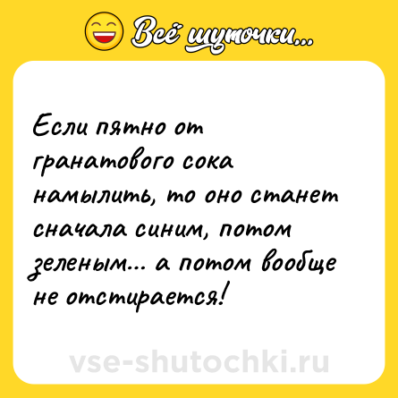 Шутка: Если пятно от гранатового сока намылить, то оно станет сначала синим, потом зеленым… а потом вообще не отстирается!