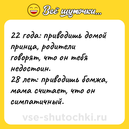 Шутка: 22 года: приводишь домой принца, родители говорят, что он тебя недостоин. <br>28 лет: приводишь бомжа, мама считает, что он симпатичный.