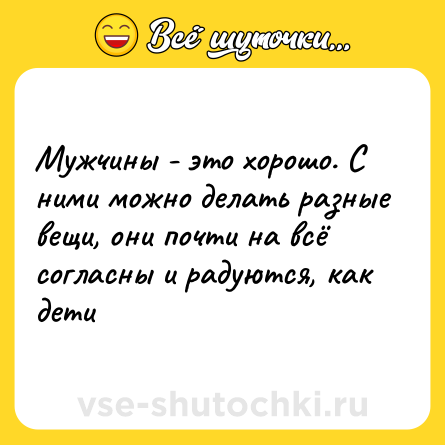 Шутка: Мужчины - это хорошо. С ними можно делать разные вещи, они почти на всё согласны и радуются, как дети