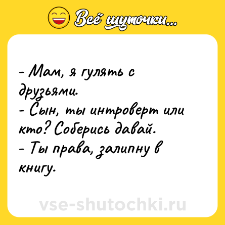 Шутка: - Мам, я гулять с друзьями.<br>- Сын, ты интроверт или кто? Соберись давай.<br>- Ты права, залипну в книгу.