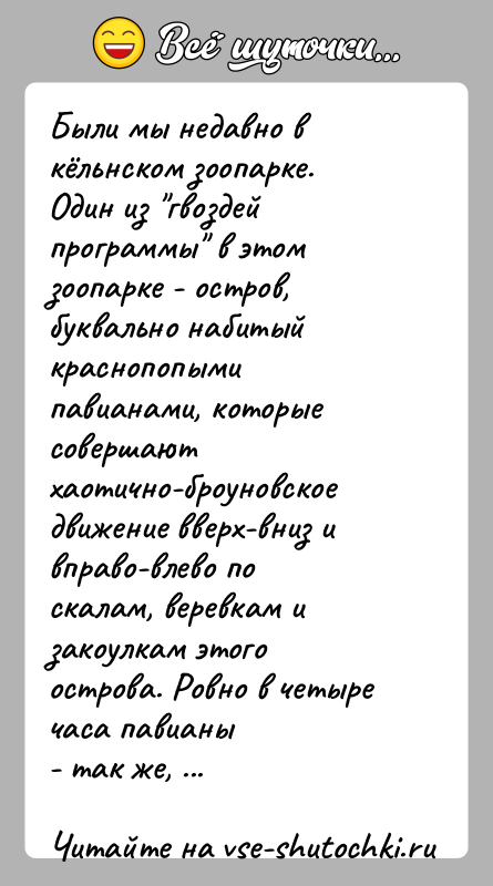 История: Были мы недавно в кёльнском зоопарке. Один из гвоздей программы в этомзоопарке - остров, буквально набитый краснопопыми павианами, которыесовершают хаотично-броуновское
