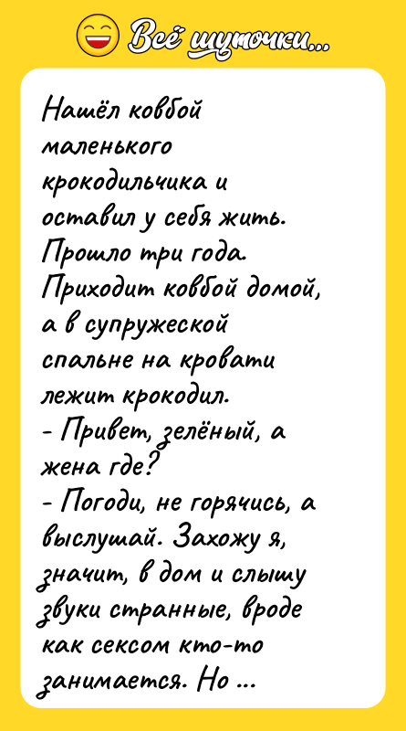 Нашёл ковбой маленького крокодильчика и оставил у себя жить. Прошло