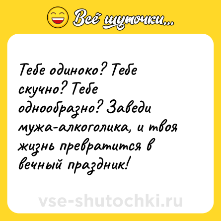 Шутка: Тебе одиноко? Тебе скучно? Тебе однообразно? Заведи мужа-алкоголика, и твоя жизнь превратится в вечный праздник!