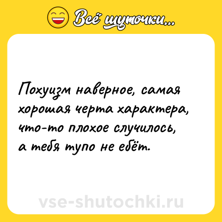 Шутка: Похуизм наверное, самая хорошая черта характера, что-то плохое случилось, а тебя тупо не ебёт.