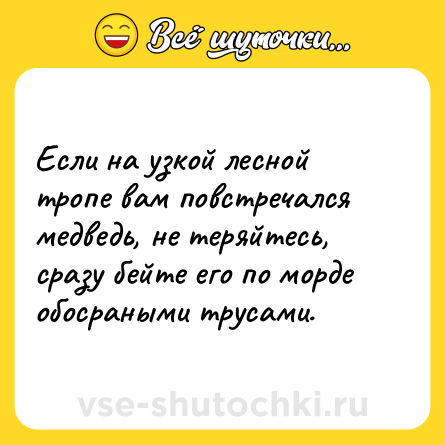 Шутка: Если на узкой лесной тропе вам повстречался медведь, не теряйтесь, сразу бейте его по морде обосраными трусами.