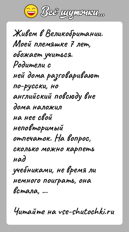 История: Живем в Великобритании. Моей племяшке 7 лет, обожает учиться. Родители сней дома разговаривают по-русски, но английский повсюду вне дома наложилна