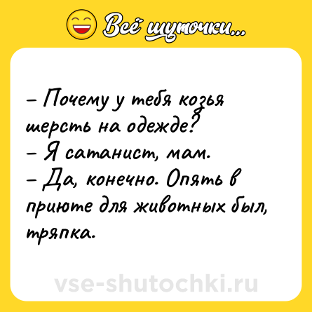 Шутка: – Почему у тебя козья шерсть на одежде? <br>– Я сатанист, мам. <br>– Да, конечно. Опять в приюте для животных был, тряпка.