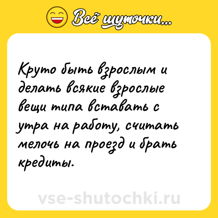 Шутка: Круто быть взрослым и делать всякие взрослые вещи типа вставать с утра на работу, считать мелочь на проезд и брать кредиты.