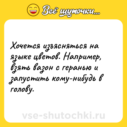 Шутка: Хочется изъясняться на языке цветов. Например, взять вазон с геранью и запустить кому-нибудь в голову.