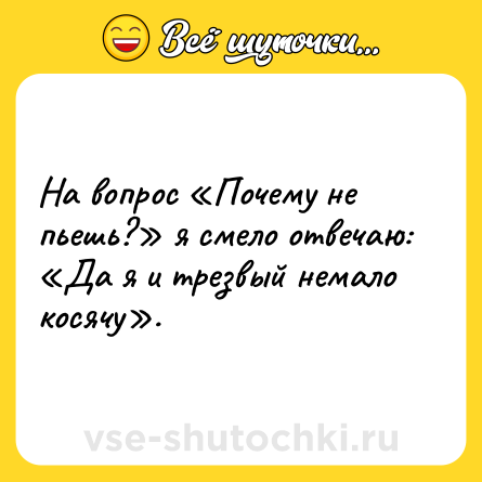 Шутка: На вопрос «Почему не пьешь?» я смело отвечаю: «Да я и трезвый немало косячу».