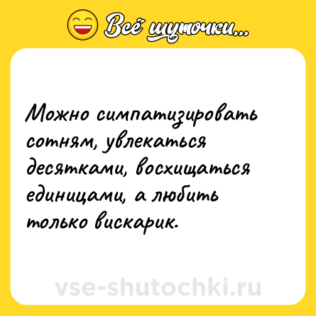 Шутка: Можно симпатизировать сотням, увлекаться десятками, восхищаться единицами, а любить только вискарик.