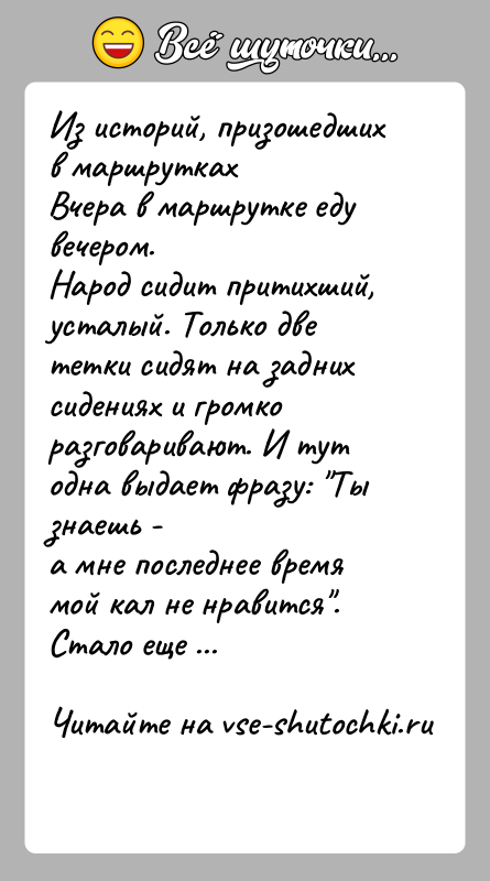 История: Из историй, призошедших в маршруткахВчера в маршрутке еду вечером.Народ сидит притихший, усталый. Только две тетки сидят на заднихсидениях и громко