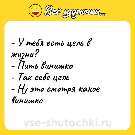Шутка: - У тебя есть цель в жизни? <br>- Пить винишко <br>- Так себе цель <br>- Ну это смотря какое винишко
