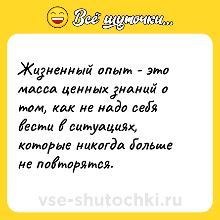 Шутка: Жизненный опыт - это масса ценных знаний о том, как не надо себя вести в ситуациях, которые никогда больше не повторятся.