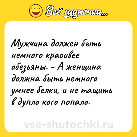 Шутка: Мужчина должен быть немного красивее обезьяны. - А женщина должна быть немного умнее белки, и не тащить в дупло кого попало.
