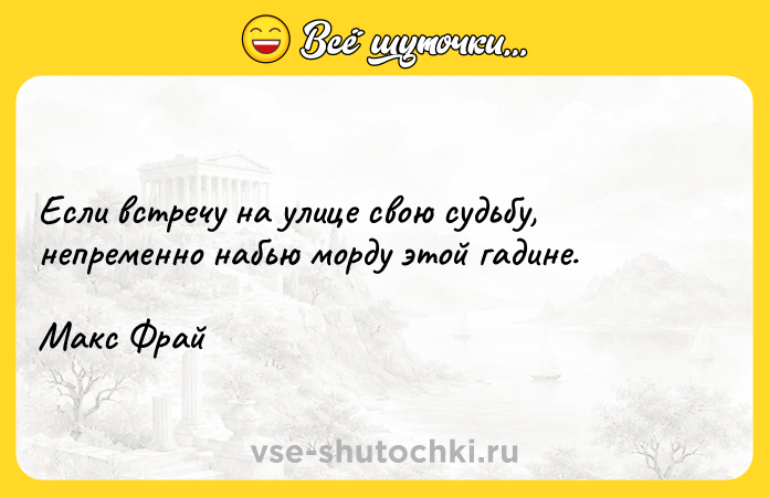 Цитата: Если встречу на улице свою судьбу, непременно набью морду этой гадине.Макс Фрай