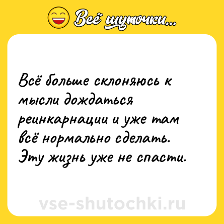 Шутка: Всё больше склоняюсь к мысли дождаться реинкарнации и уже там всё нормально сделать. Эту жизнь уже не спасти.