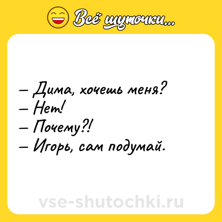 Шутка: — Дима, хочешь меня?<br>— Нет!<br>— Почему?!<br>— Игорь, сам подумай.