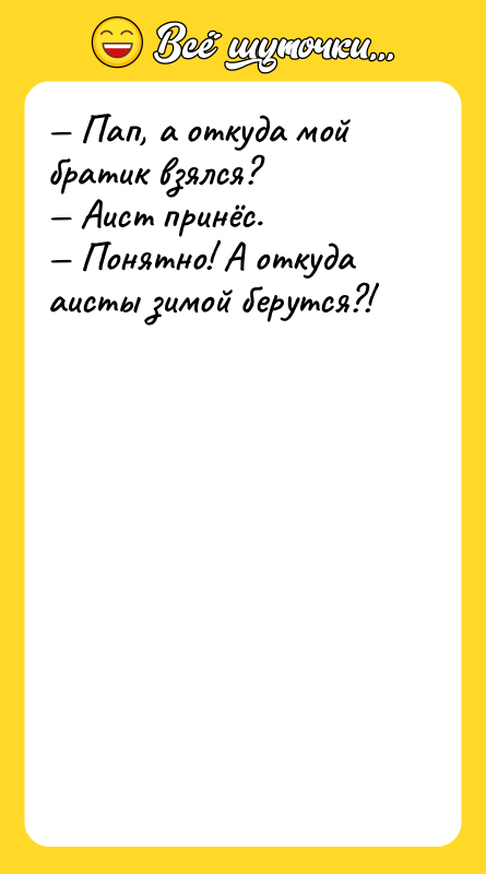 Шутка: Пап, а откуда мой братик взялся? Аист принёс. Понятно! А откуда аисты зимой берутся?!