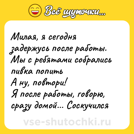 Шутка: Милая, я сегодня задержусь после работы. Мы с ребятами собрались пивка попить<br>А ну, повтори!<br>Я после работы, говорю, сразу домой… Соскучился