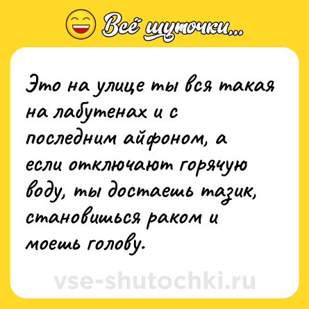 Шутка: Это на улице ты вся такая на лабутенах и с последним айфоном, а если отключают горячую воду, ты достаешь тазик, становишься раком и моешь голову.