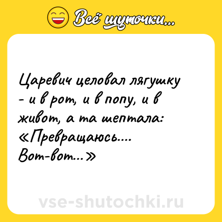 Шутка: Царевич целовал лягушку - и в рот, и в попу, и в живот, а та шептала: «Превращаюсь…. Вот-вот…»