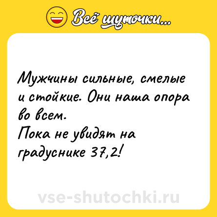 Шутка: Мужчины сильные, смелые и стойкие. Они наша опора во всем. <br>Пока не увидят на градуснике 37,2!