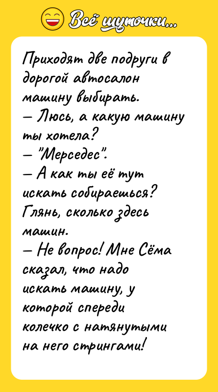 Приходят две подруги в дорогой автосалон машину выбирать. Люсь,