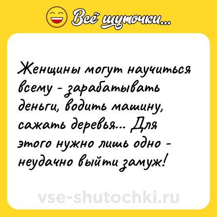 Шутка: Женщины могут научиться всему - зарабатывать деньги, водить машину, сажать деревья... Для этого нужно лишь одно - неудачно выйти замуж!