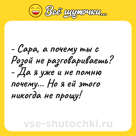 Шутка: - Сара, а почему ты с Розой не разговариваешь?<br>- Да я уже и не помню почему… Но я ей этого никогда не прощу!