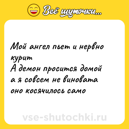 Шутка: Мой ангел пьет и нервно курит  <br>А демон просится домой  <br>а я совсем не виновата  <br>оно косячилось само