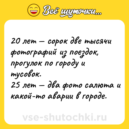 Шутка: 20 лет — сорок две тысячи фотографий из поездок, прогулок по городу и тусовок.<br>25 лет — два фото салюта и какой-то аварии в городе.