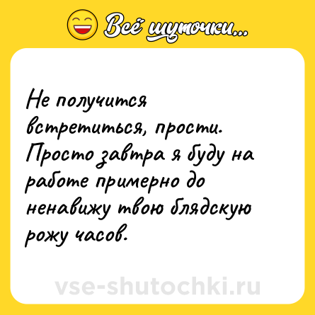 Шутка: Не получится встретиться, прости. Просто завтра я буду на работе примерно до ненавижу твою блядскую рожу часов.