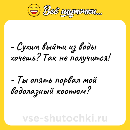 Шутка: - Сухим выйти из воды хочешь? Так не получится! <br>- Ты опять порвал мой водолазный костюм?