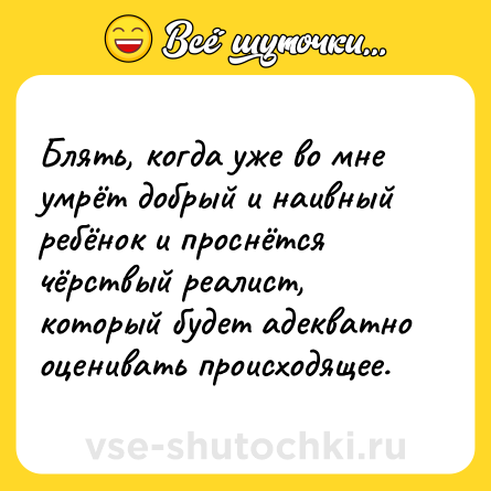 Шутка: Блять, когда уже во мне умрёт добрый и наивный ребёнок и проснётся чёрствый реалист, который будет адекватно оценивать происходящее.