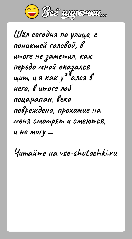 История: Шёл сегодня по улице, с поникшей головой, в итоге не заметил, как передо мной оказался щит, и я как у ался