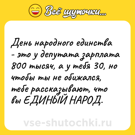 Шутка: День народного единства - это у депутата зарплата 800 тысяч, а у тебя 30, но чтобы ты не обижался, тебе рассказывают, что вы ЕДИНЫЙ НАРОД.