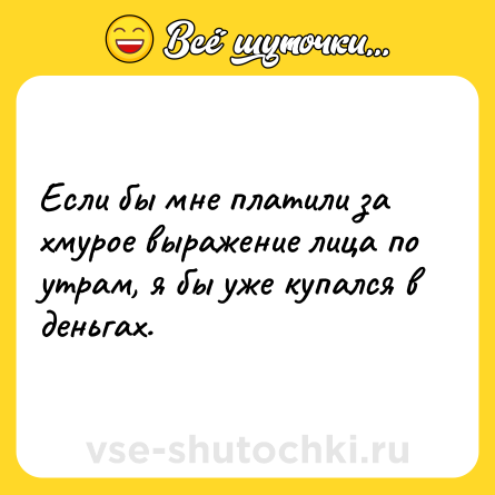 Шутка: Если бы мне платили за хмурое выражение лица по утрам, я бы уже купался в деньгах.