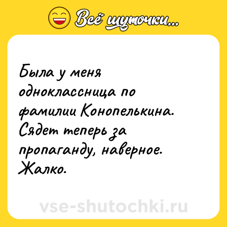 Шутка: Была у меня одноклассница по фамилии Конопелькина. Сядет теперь за пропаганду, наверное. Жалко.