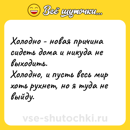 Шутка: Холодно - новая причина сидеть дома и никуда не выходить. <br>Холодно, и пусть весь мир хоть рухнет, но я туда не выйду.