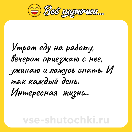 Шутка: Утром еду на работу, вечером приезжаю с нее, ужинаю и ложусь спать. И так каждый день. Интересная  жизнь..