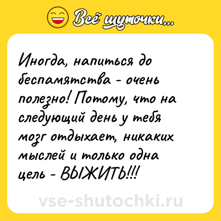 Шутка: Иногда, напиться до беспамятства - очень полезно! Потому, что на следующий день у тебя мозг отдыхает, никаких мыслей и только одна цель - ВЫЖИТЬ!!!