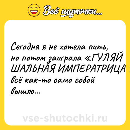 Шутка: Сегодня я не хотела пить, но потом заиграла «ГУЛЯЙ ШАЛЬНАЯ ИМПЕРАТРИЦА » и всё как-то само собой вышло...